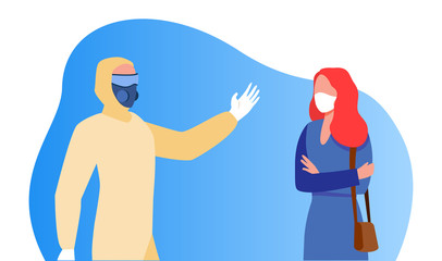 Person in protective costume waving to woman in mask. Respirator, coronavirus, protection flat vector illustration. Pandemic and prevention concept for banner, website design or landing web page