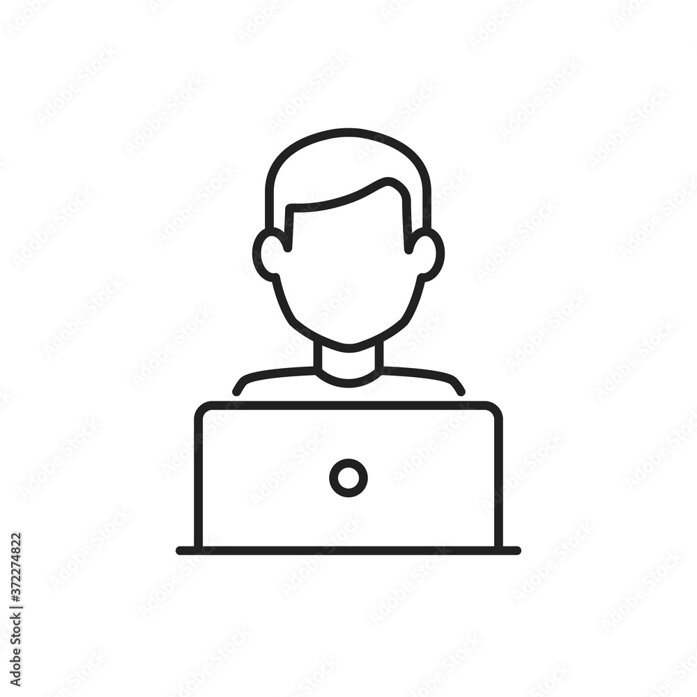Poster blogger or user with laptop computer on remote work from home office line vector icon. editable stro