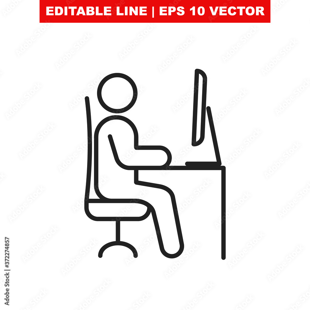 Fototapete remote work from home office line vector icon. editable stroke symbol of man pictogram sitting at th