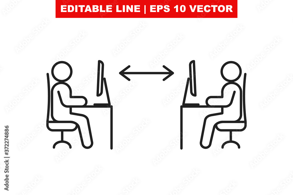 Poster two stroke style employee sitting on chair and working at the work desk on a computer in office or c