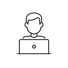 Blogger or user with laptop computer on remote work from home office line vector icon. Editable stroke symbol of a person at the desk with a workstation at his own workspace in coworking or home V1