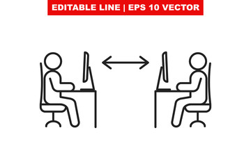 Two stroke style employee sitting on chair and working at the work desk on a computer in office or coworking with safety social distance to prevent covid19 infection. Safe distance icon with arrow V1