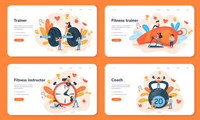 Fitness trainer web banner or landing page set. Workout in the gym