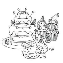 Sweet dessert coloring page. Bakery, cake, donuts, chocolate, strawberry and cherry. Vector outline illustration with doodle and zentangle elements. Isolated art for book, print, decor, menu.