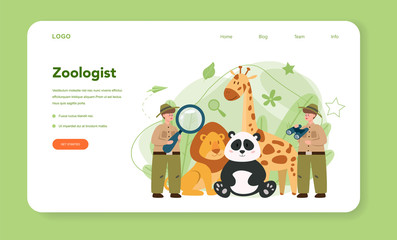 Zoologist web banner or landing page. Scientist exploring and studying