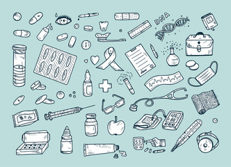 Healthcare and Medicine Vector Set. Hand Drawn Doodle Health items. Drugs and Medical Products and Devices.
