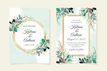 Wedding invitation card with watercolor green leaves