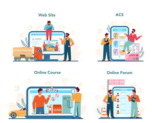 Gas station worker or refueler online service or platform set.
