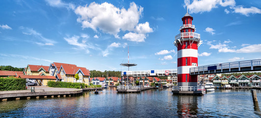 Marina with lighthouse of Rheinsberg (federal state Brandenburg), Germany - obrazy, fototapety, plakaty