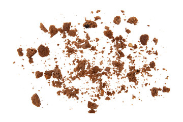 Chocolate cookie crumbs on a white background.