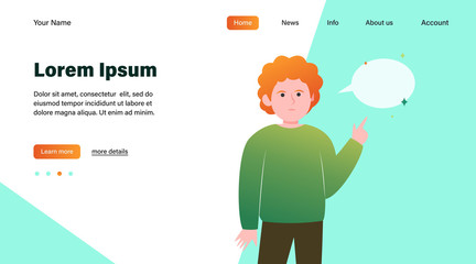Red-haired guy pointing at empty speech bubble. Finger, chat, network flat vector illustration. Communication and message concept for banner, website design or landing web page