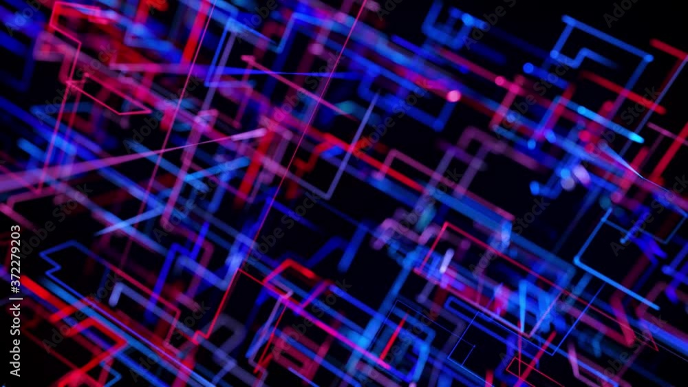 Aufkleber motion graphics, sci-fi bg with flow of blue red neon glow lines form digital 3d space. connection c