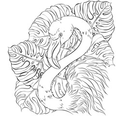 Hand drawn vector illustration monstera leaves and profile flamingo isolated on white background. Design for coloring book, print, card. Tropical vacation