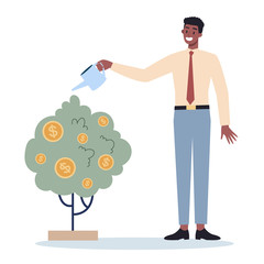 Business character watering a money tree. Happy successfull employe