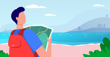 Obraz na płótnie Canvas Young traveler holding map and standing near lake. Backpack, landscape, trip flat vector illustration. Vacation and nature concept for banner, website design or landing web page