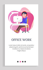 Office work vector, male wearing headphones listening to music classy man in suit, dressed person in call centre, coder with laptop computer. Website slider app template, landing page flat style