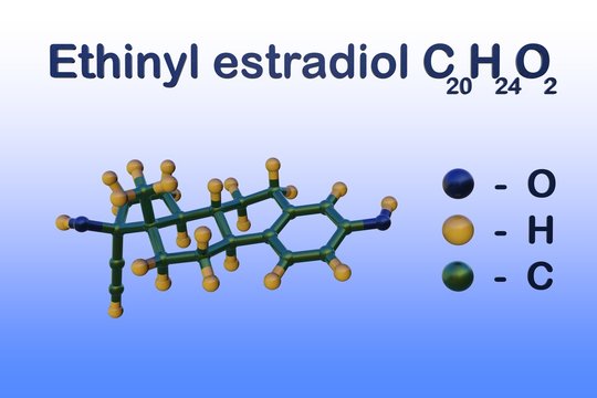 Structural chemical formula and molecular model of ethinyl estradiol, a synthetic steroid that is used in combination with progesterone as an oral contraceptive. 3d illustration