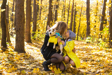 Woman with her dog at autumn park. Girl playing with jack russell terrier outdoors. Pet and people concept.