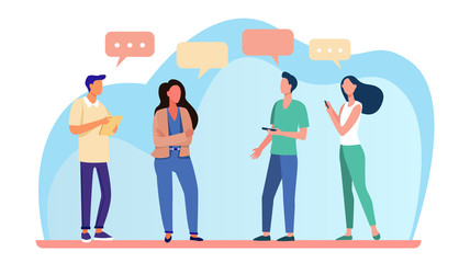 Young people standing and talking each other. Speech bubble, smartphone, girl flat vector illustration. Communication and discussion concept for banner, website design or landing web page
