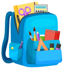 Colored school backpack. Education and study back to school, schoolbag luggage, rucksack vector illustration. Kids school bag with education equipment. Backpacks with study supplies. Student satchels