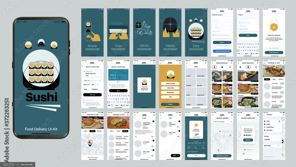 Aufkleber sushi delivery. design of the mobile application, ui, ux. set of gui screens with login and password