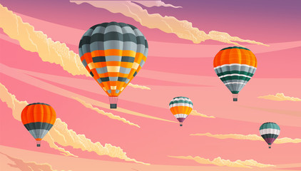 Obraz premium Hot air balloons in clouds against a lilac cloudy sky. Striped hot air balloons festival vector illustration. Beautiful sight several colored bright balls in the sunset sky. Romantic flight, travel