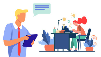 Female writer typing new text for editor. Article, book, idea flat vector illustration. Typography and work concept for banner, website design or landing web page