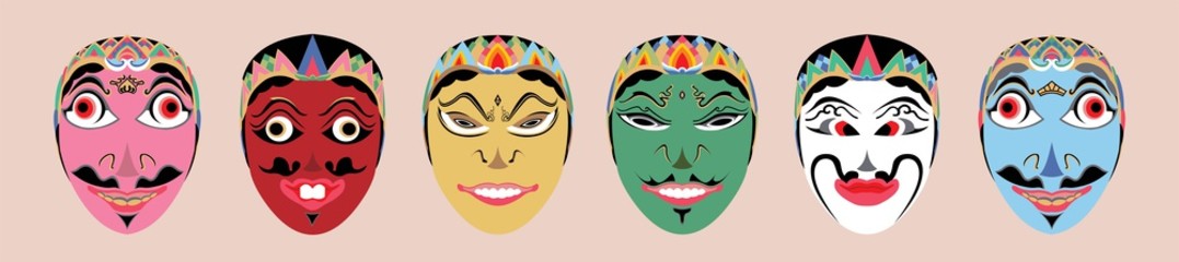 Indonesia traditional mask. Puppet mask. Wayang mask. Character traits symbolized mask. Local culture.