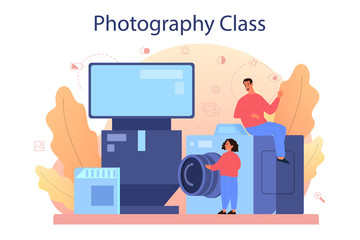 Photography school course. Professional photographer teaching kid