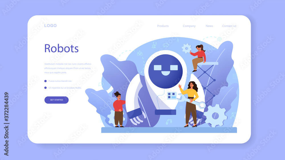 Poster robotics school subject web banner or landing page. robot