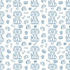 Cute Puppy. Vector Seamless pattern with Hand Drawn Doodle Dog and accessories for Pets