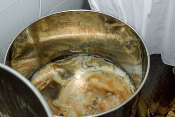 Fermentation of Scoby in the Kombucha manufacturing process in a factory
