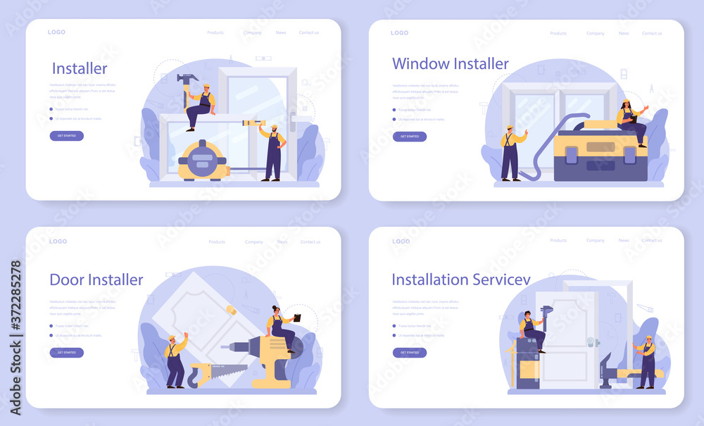 Poster worker in uniform install window and door web banner or landing