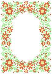 Blooming red flowers with green leaves frame. Floral ornament border for A4 size. Flat design. Botanical illustration.