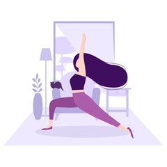 Fitness and healthy lifestyle. Stay at home concept. Pretty girl with long dark hair practicing yoga in the room or apartment in front of window. Young woman doing exercise. Workout with cat