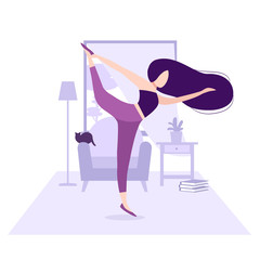 Fitness and healthy lifestyle. Stay at home concept. Pretty girl with long dark hair practicing yoga in the room or apartment in front of window. Young woman doing exercise. Workout with cat