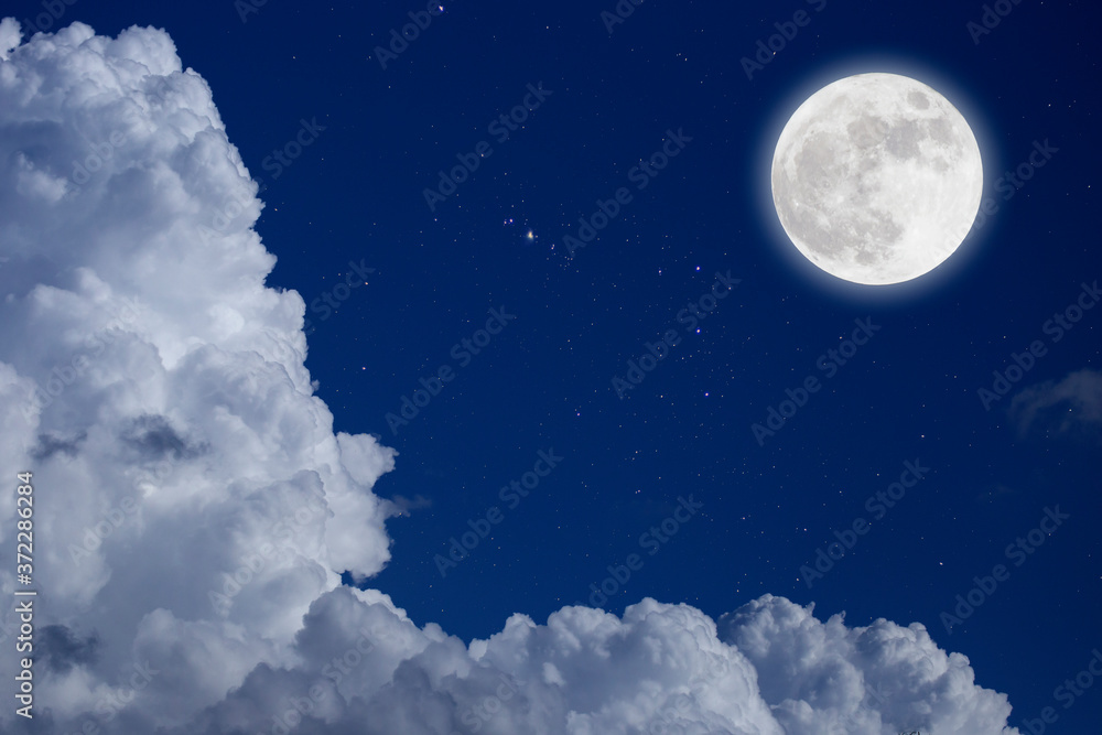 Poster full moon with starry and clouds background. romantic night.