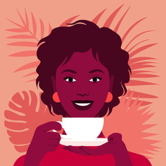 An African woman is holding a cup of tea or coffee. The pleasure of a hot drink. Happy breakfast. Vector flat illustration - obrazy, fototapety, plakaty