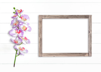 Horizontal wooden frame and orchid branches