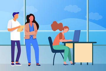 People standing in line to use laptop computer. Window, desk, job flat vector illustration. Communication and digital technology concept for banner, website design or landing web page