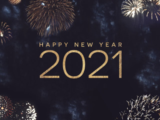 Happy New Year 2021 Text Holiday Graphic with Gold Fireworks in Night Sky