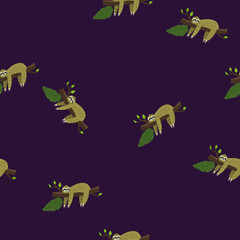 Cute sloth on tree. Seamless pattern with funny sloth, flowers, branch
