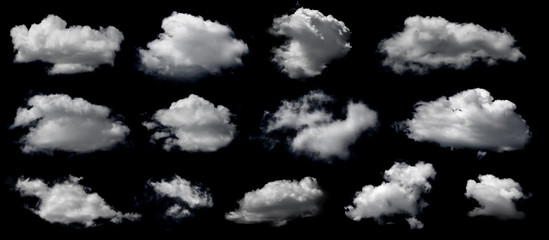 Clouds set isolated on black background. White cloudiness, mist or smog background. Design elements...