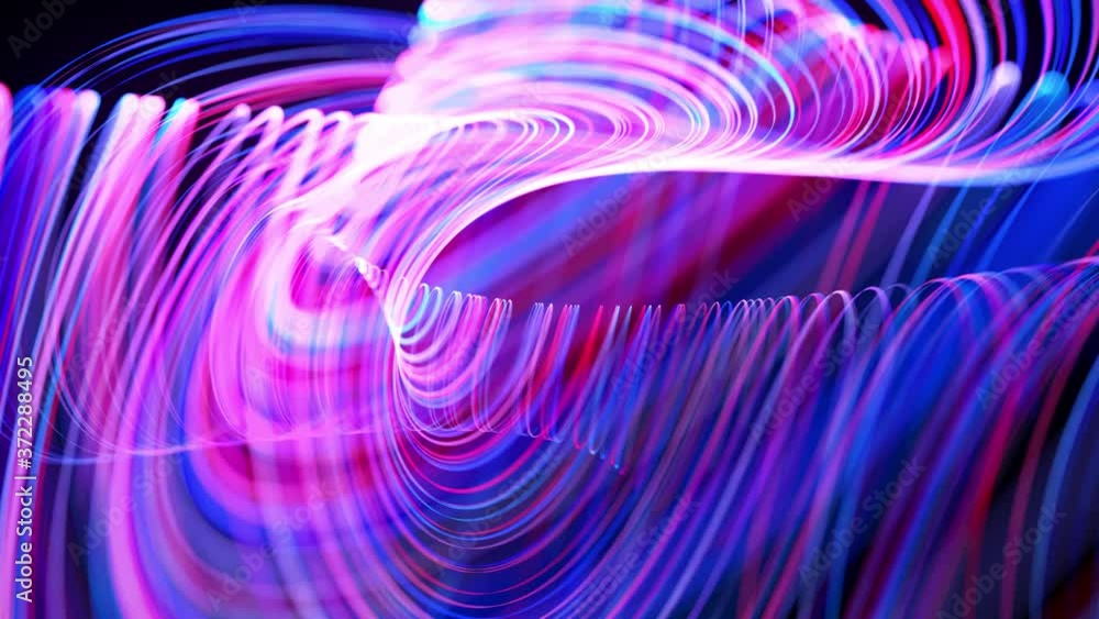 Poster motion graphics, sci-fi bg. stream of red blue neon lines form spiral shape, curls and pattern. abst