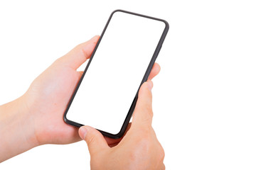 One Hand holding new smartphone on over white background. Smartphone isolate.