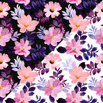 watercolor purple floral seamless pattern with black and white background