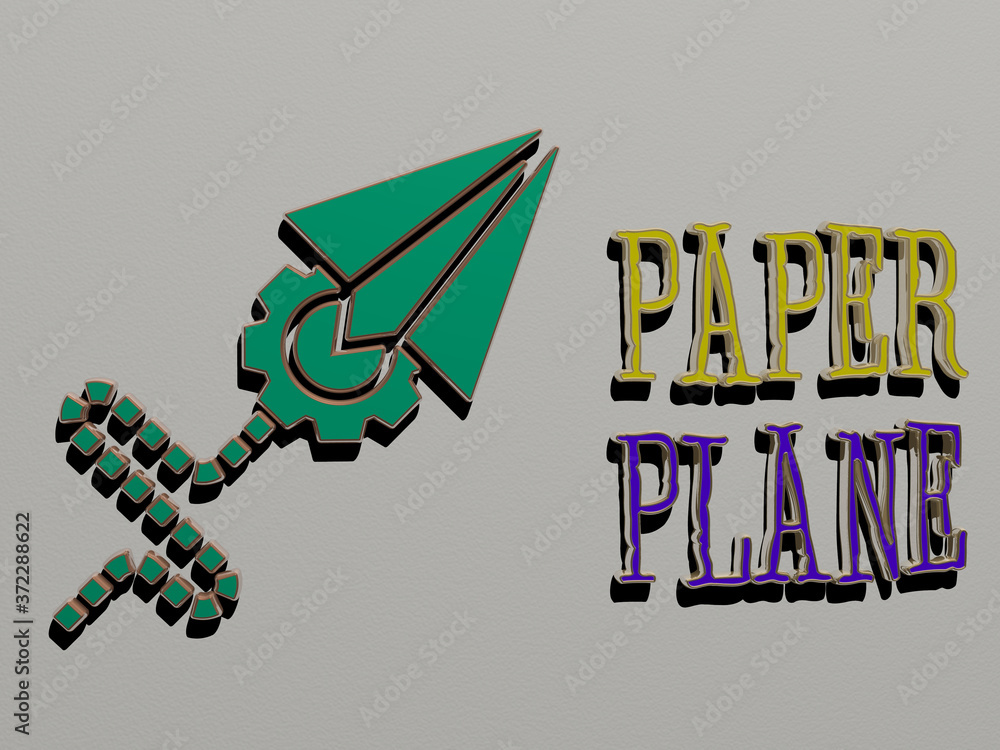 Poster 3d representation of paper plane with icon on the wall and text arranged by metallic cubic letters o