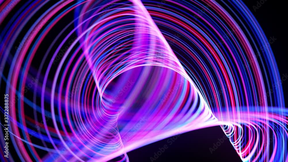 Poster motion graphics, sci-fi bg. stream of red blue neon lines form spiral shape, curls and pattern. abst
