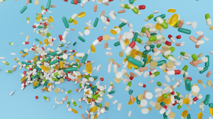Falling pills, capsules on a blue background. Heap colorful pills. The rotating tablets form a hill. Pharmaceutical industry. Health care concept. Product from pharmacy, 3d illustration