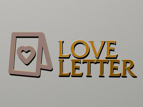 love letter icon and text on the wall, 3D illustration for background and heart